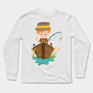 Fishing Boy, Fisherman, Fishing Rod, Orange Hair Long Sleeve T-Shirt